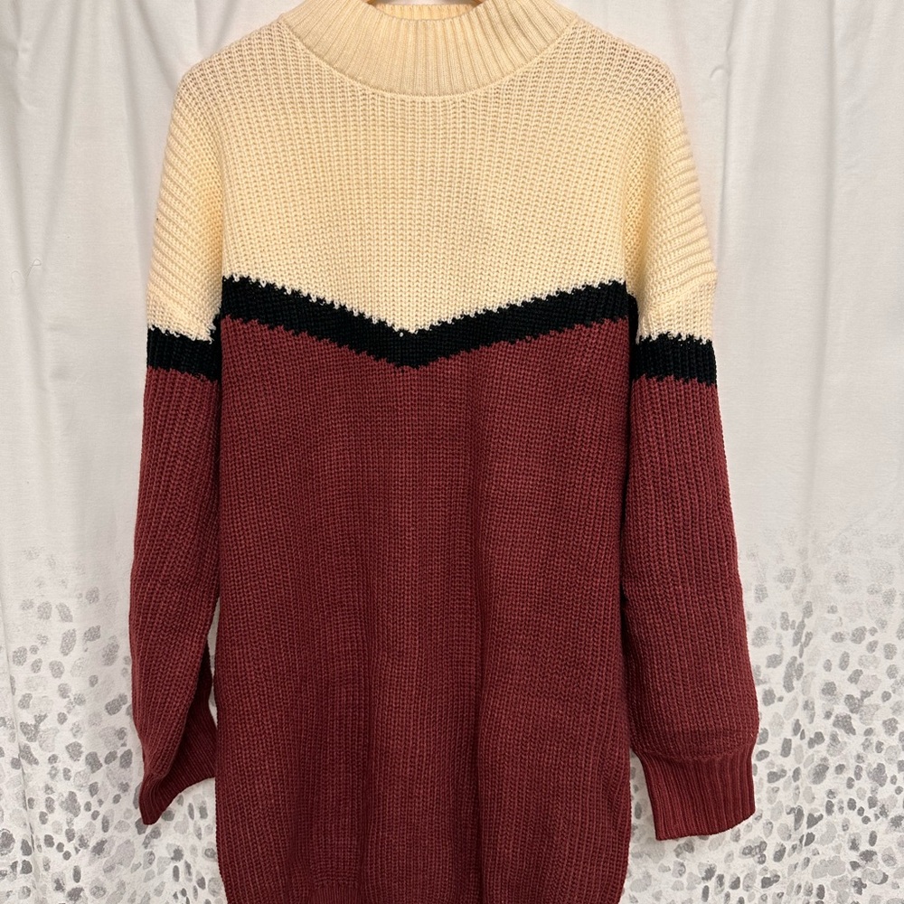 Colorblock Cowl Neck Sweater - Cream and Maroon